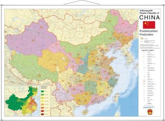 Stiefel Wandkarte Großformat China, Postleitzahlen, mit Metallstäben
