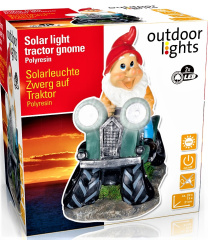 Solarleuchte Gartenzwerg auf grünem Traktor