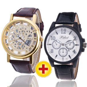 Herrenuhr Skeleton Palast goldfarbig + Armbanduhr mit Datumsanzeige in Chrono-Optik schwarz